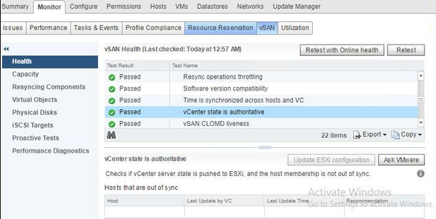 Bild der vSAN-Integrität, die für den vCenter-Status übergeben wurde, ist maßgebend