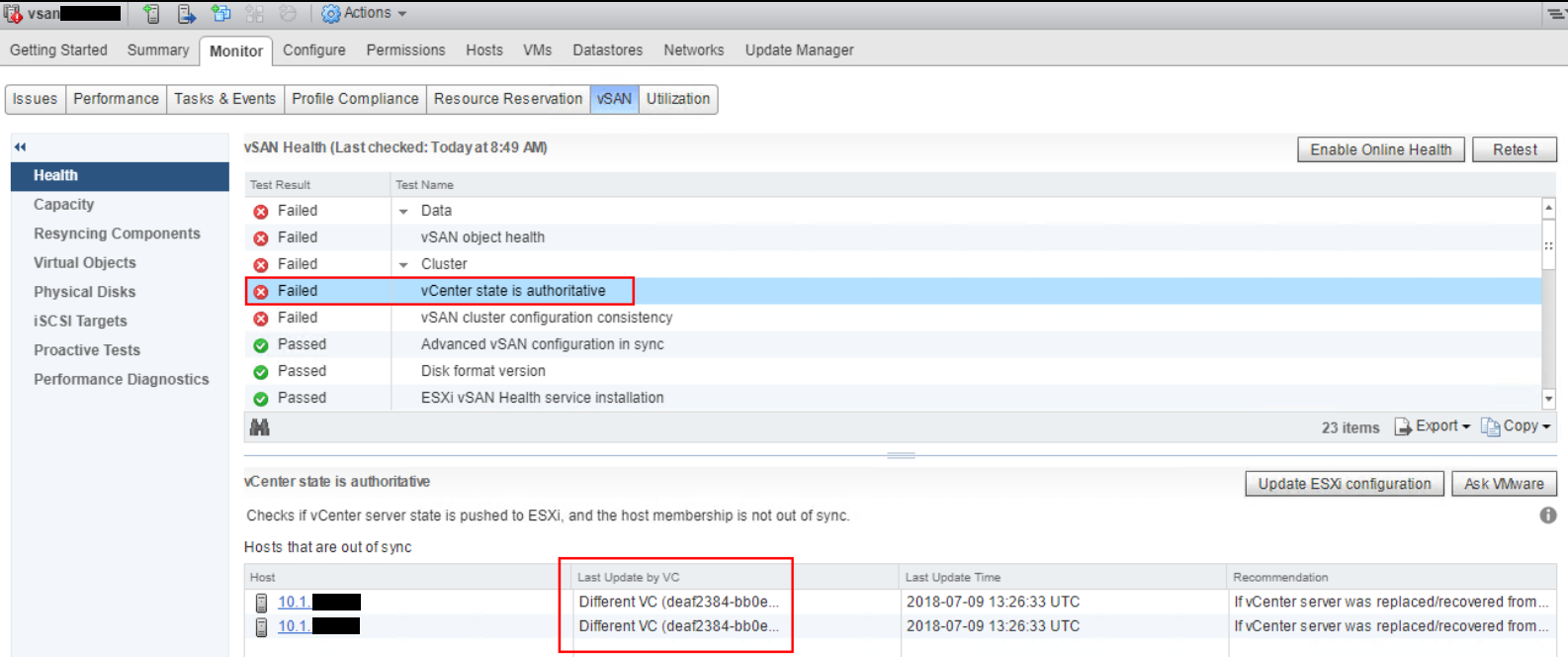 vSAN 运行状况失败的图片：vCenter 状态为权威