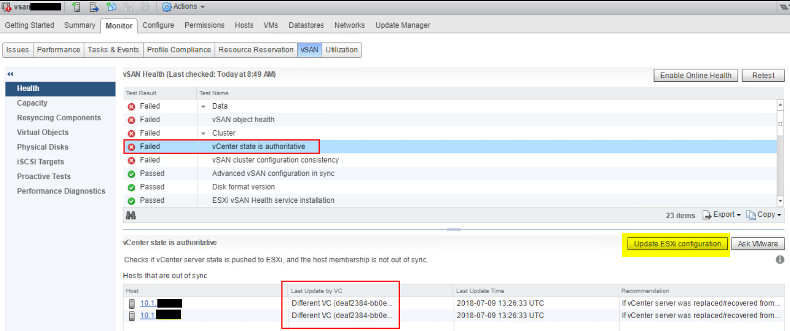 vSAN 執行狀況失敗的圖片：vCenter 狀態具有權威性