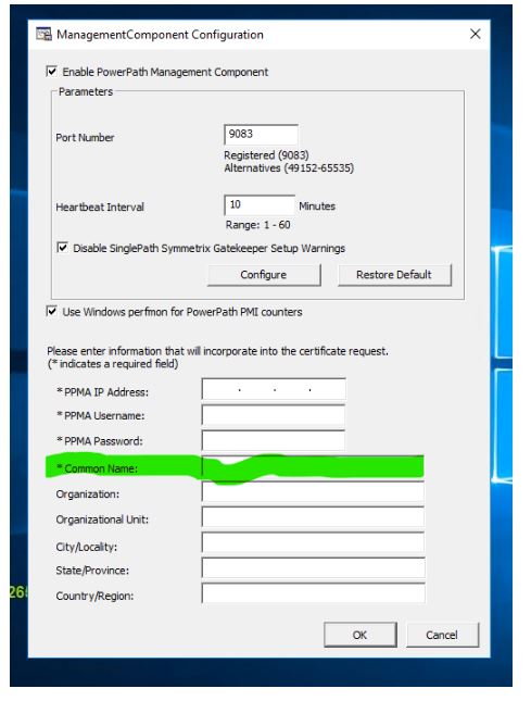Fenêtre de configuration du composant de gestion - Nom commun - FQDN de l’hôte Windows requis