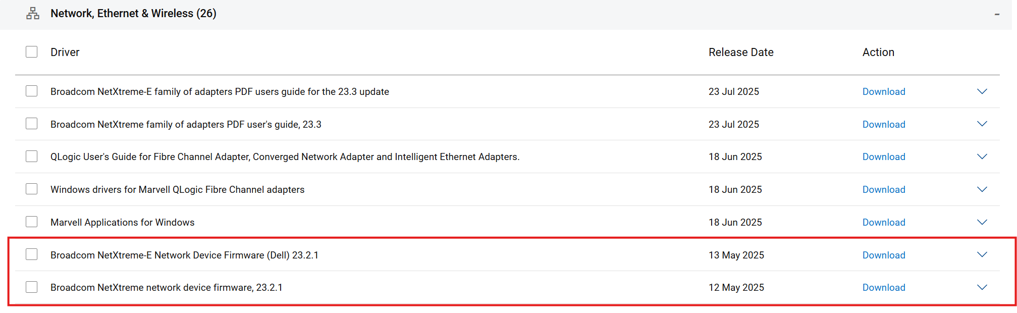 verfügbare NIC-Firmware-Updates