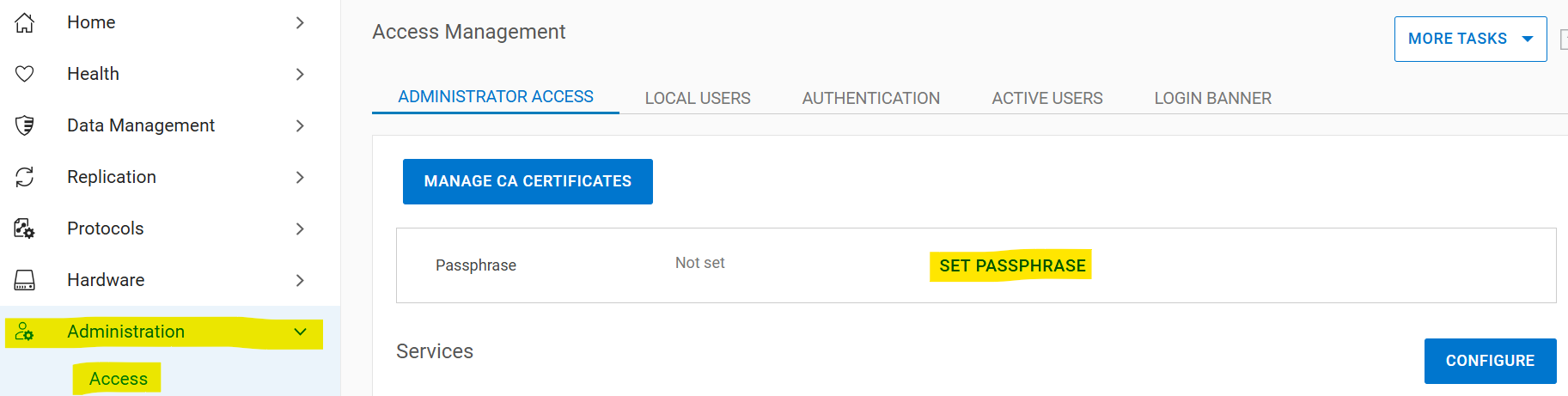 用于管理访问管理的 Data Domain Web 界面页面的屏幕截图。导航菜单中的“Administration”和“Access”以及“Set Passphrase”都会突出显示。