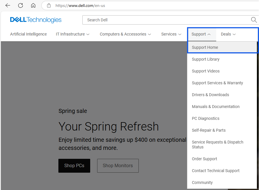 Dellのサポート ホームページにアクセスする方法を示す画像。ホームページ dell.com[Support]を選択し、[Home]をクリックします