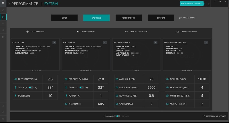 Alienware Command Center 效能區段