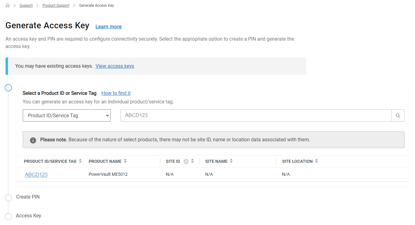 Generate Access Key screen
