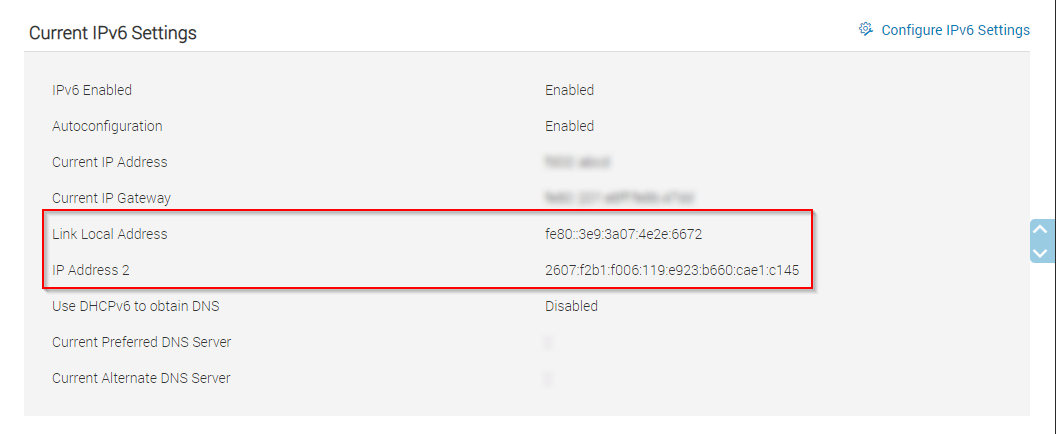 Interfaccia utente > iDRAC9 Impostazioni > iDRAC Impostazioni IPv6 correnti (dopo la modifica)