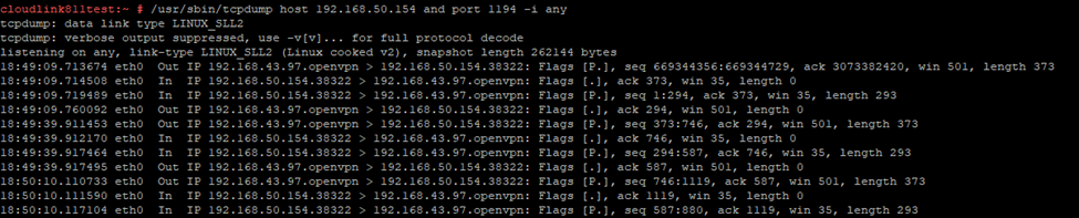 Skärmbild av TCPPdump-kommandot och utdata som körs på CloudLink-enheten när port 1194 blockeras