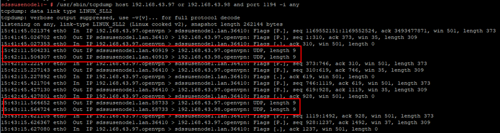 Skärmbild av TCPDUMP-kommandot och utdata körs på SDS-noden när port 1194 är öppen
