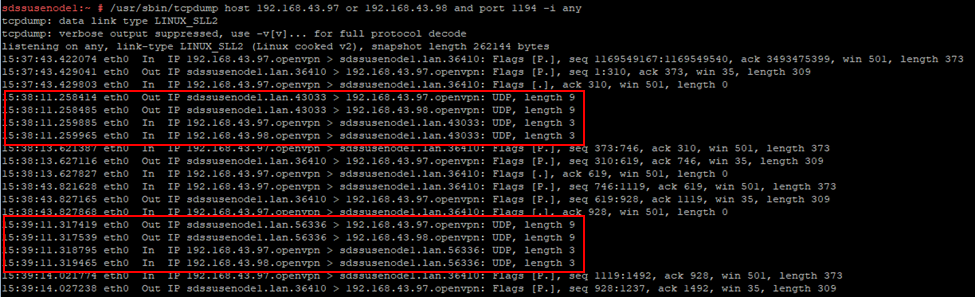 Skärmbild av TCPDUMP-kommandot och utdata körs på SDS-noden när port 1194 är öppen
