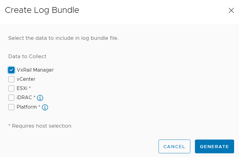 VxRail create log bundle UI