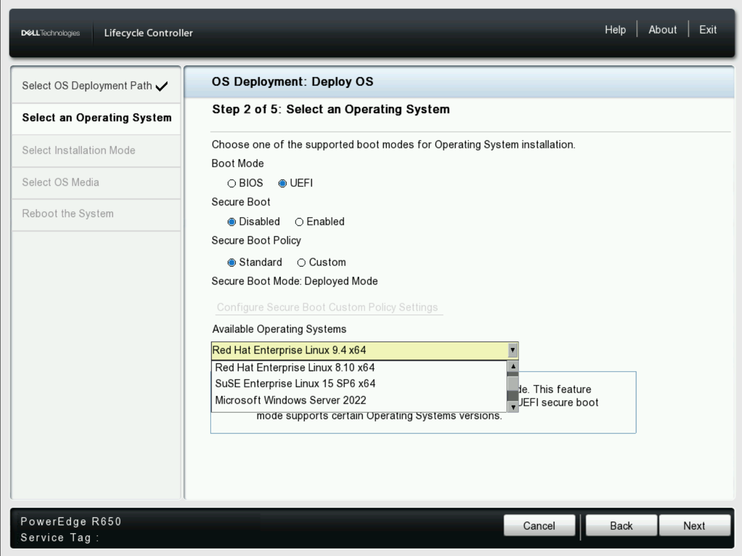 Ensure the OS media connected matches the version of the OS from the dropdown