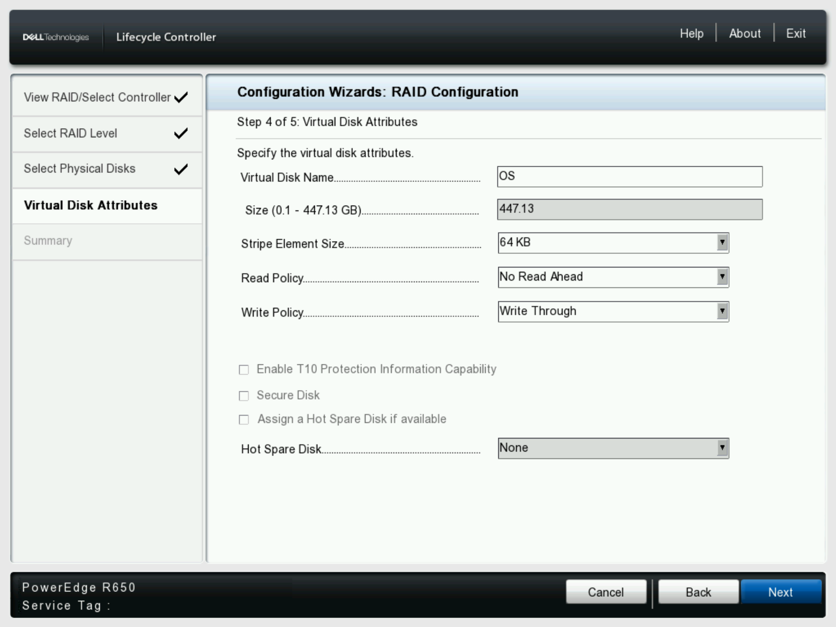 Configurazione del disco virtuale richiesta