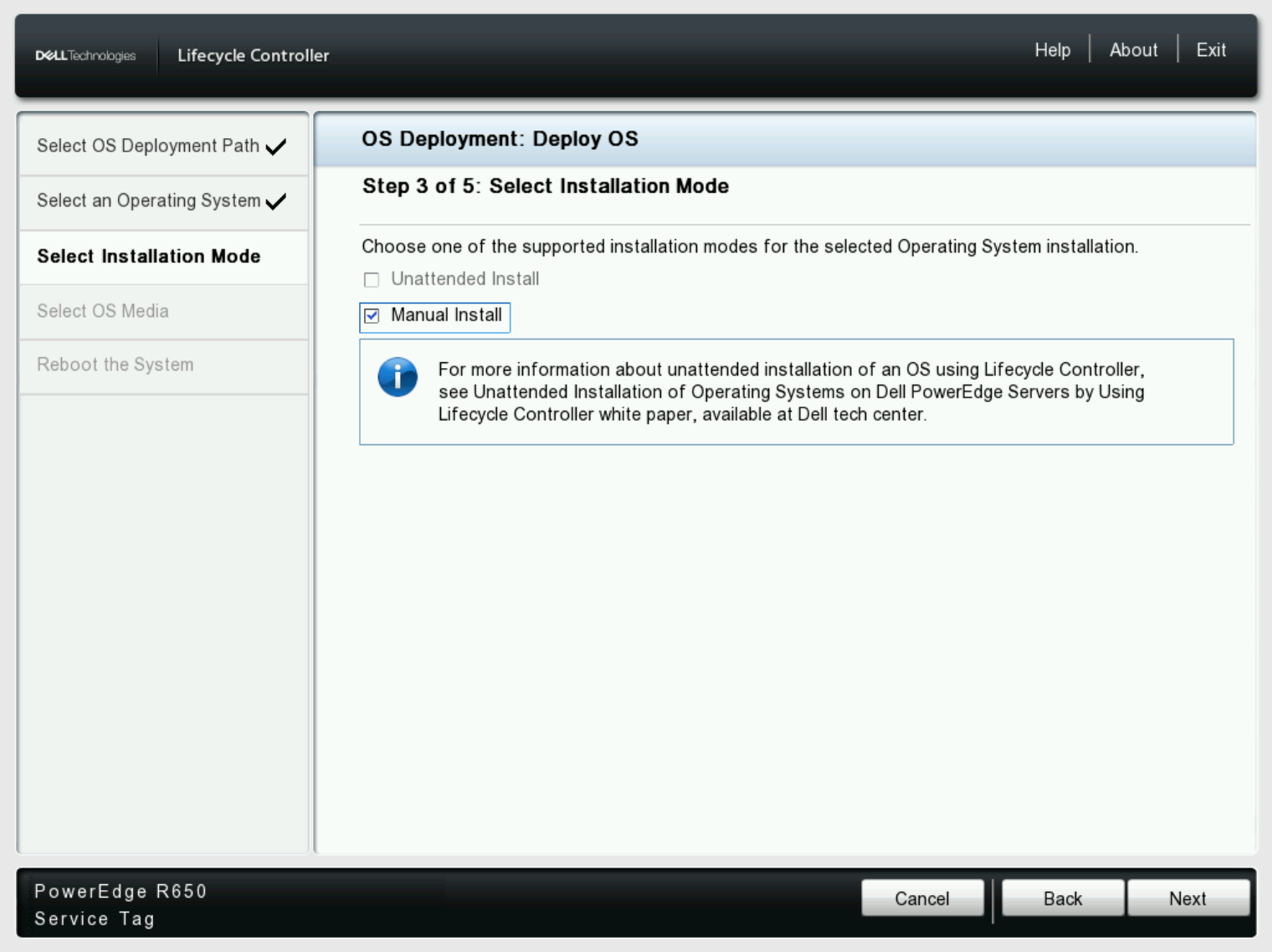 选择手动或无人值守安装