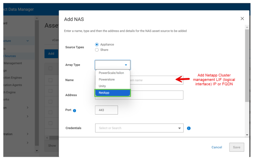 Add NAS appliance showing new appliance type Netapp.