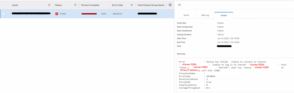 VM backups to fail due to the inability to look up the vCenter hostname