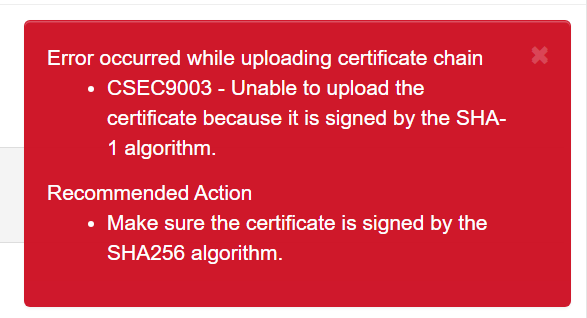 Mensagem de erro da IU da Web exibida ao carregar um certificado assinado usando o algoritmo SHA-1