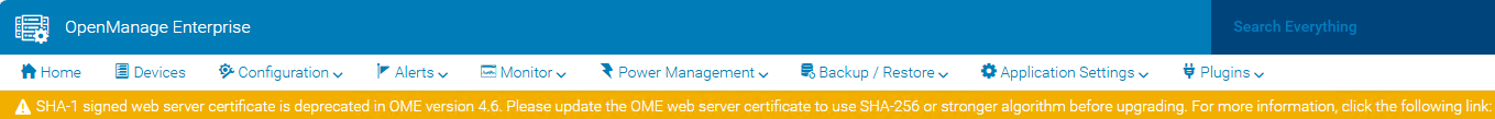 OME SHA-1 support deprecation notification banner.