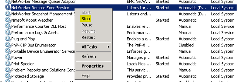 Stopping NetWorker services from services panel
