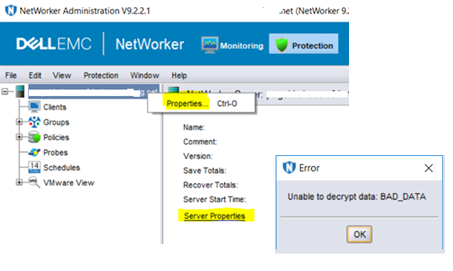 Server Properties reports Unable to Decrypt BAD DATA
