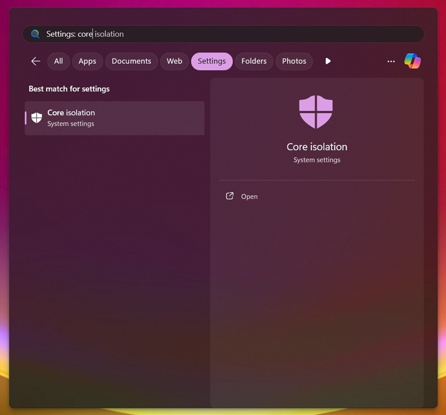 Windows Search Bar Example, Core isolation
