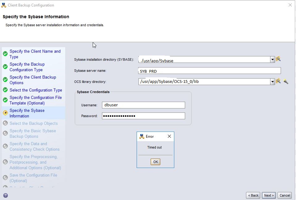 Sybase server configuration interface with credentials and directories