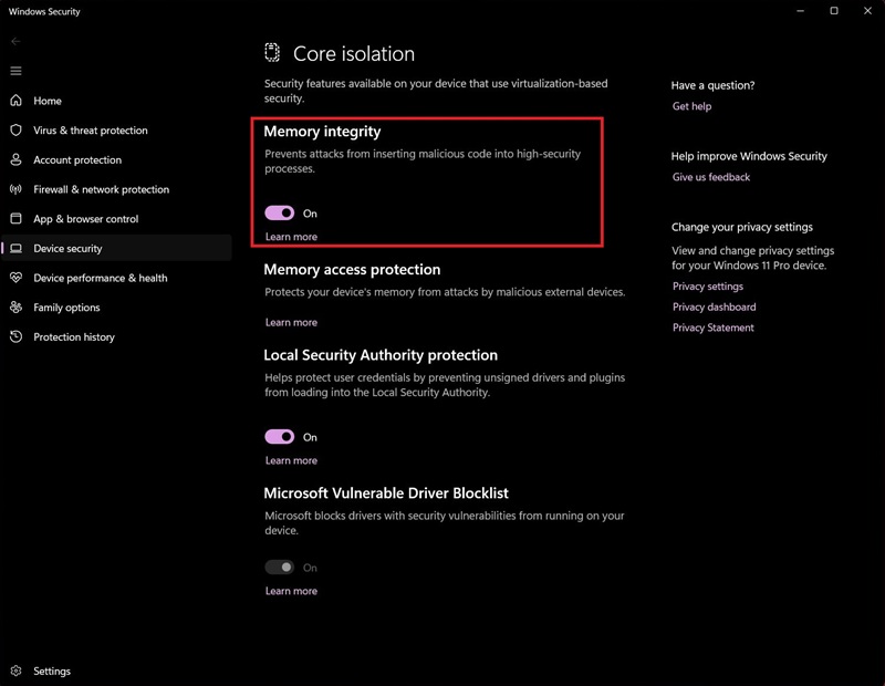 Windows 安全中心、核心隔离