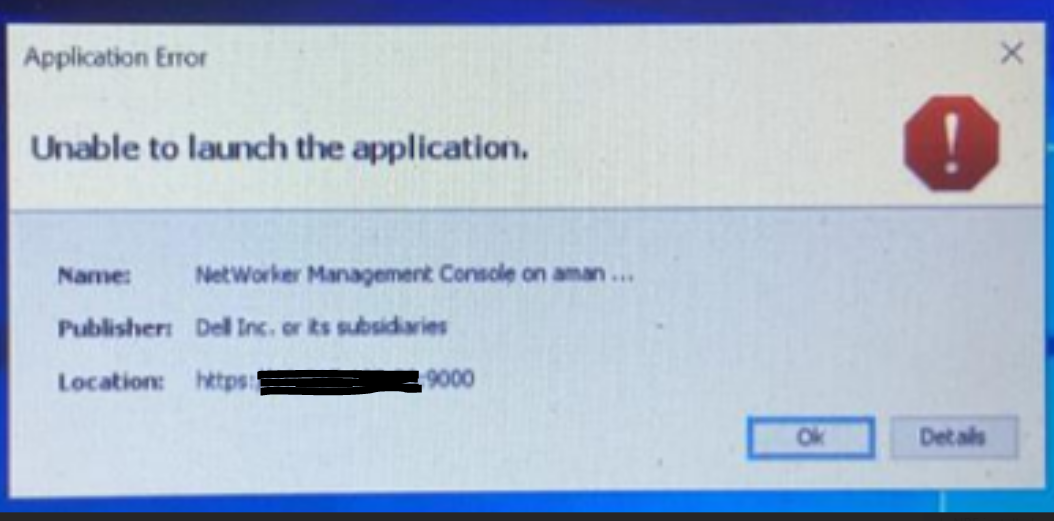 「Unable to launch the application」メッセージ
