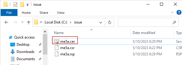 Imagen en la que se muestra la carpeta con los archivos cer