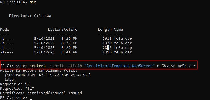 Imagen en la que se muestra el uso correcto de certreq