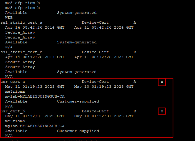 Imagen en la que se destaca la parte pertinente de show certificates output