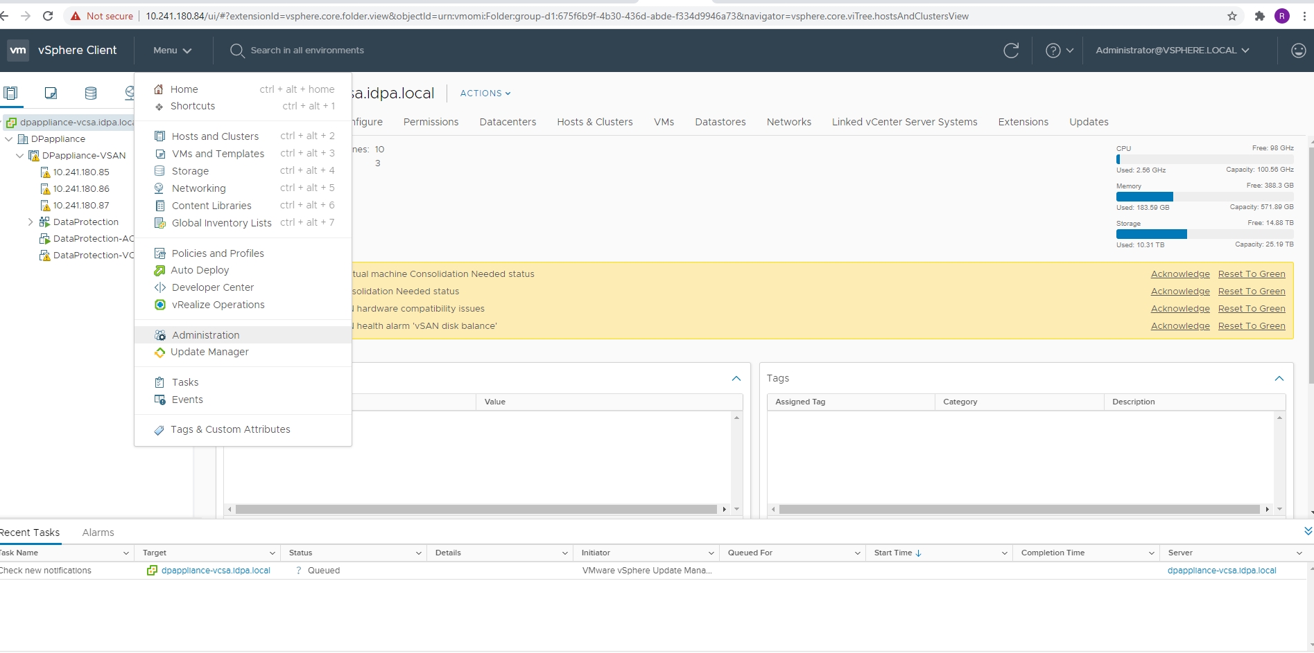 Melden Sie sich mit administrator@vsphere.local user an und gehen Sie zu Menu > Administration.