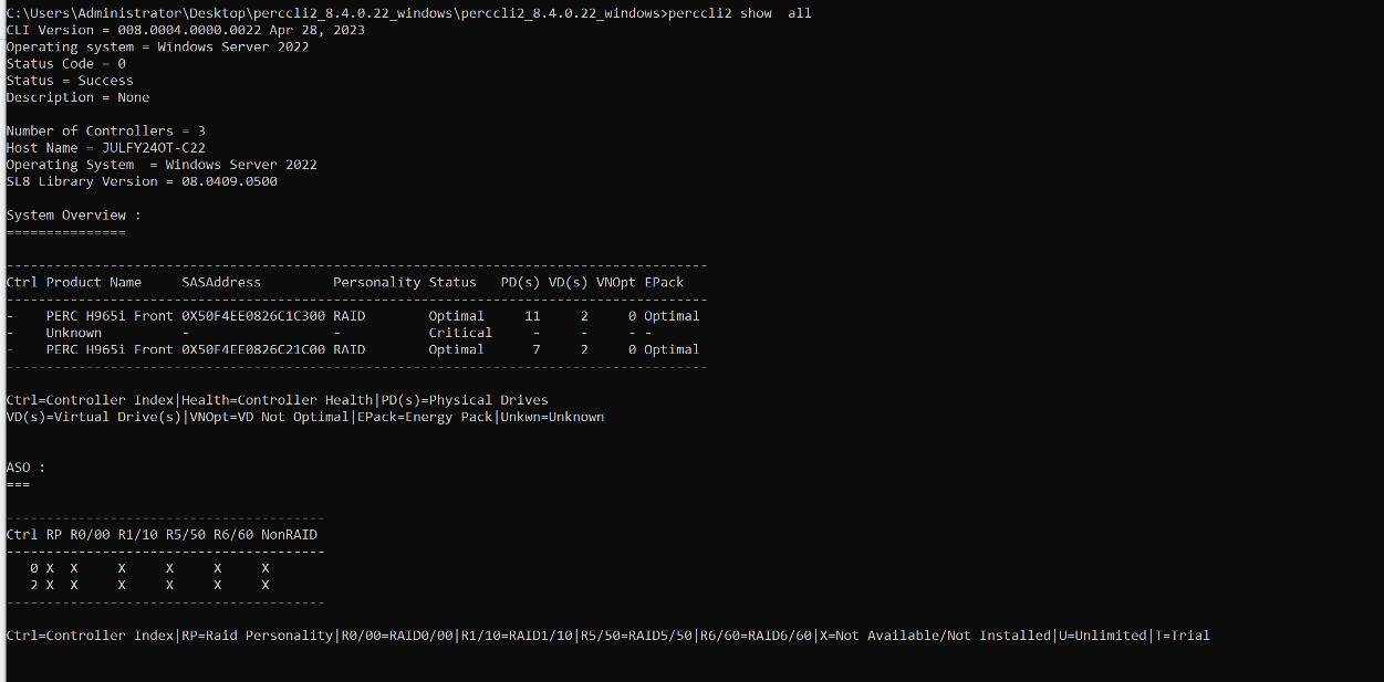 В выводе интерфейса командной строки PERC отображается описание продукта как «Неизвестно»