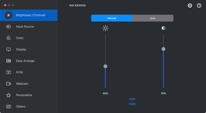 Režim Manual pro jas a&nbsp;kontrast v&nbsp;nástroji Dell Display and Peripheral Manager