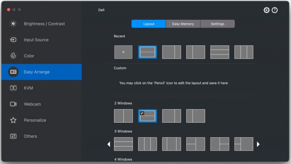 EasyArrange-meny i Dell Display and Peripheral Manager