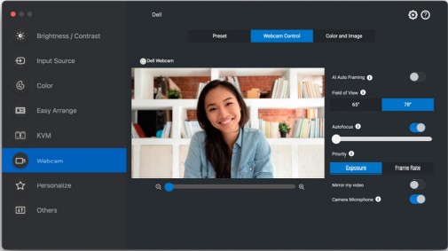 Menu Webcam Control di Dell Display and Peripheral Manager