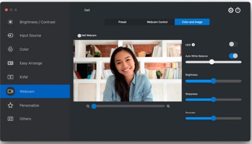 Menu Webcam - Color and Image di Dell Display and Peripheral Manager