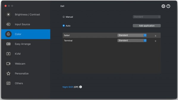Farvemenu i Dell Display and Peripheral Manager