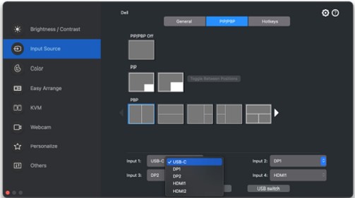 Dell Display and Peripheral Managerの［Input Source］の［PIP/PBP］コントロール