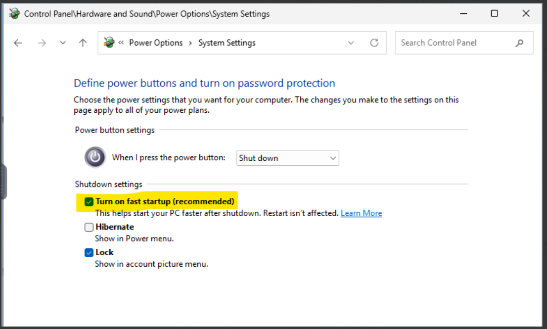 Microsoft Window for System Power options