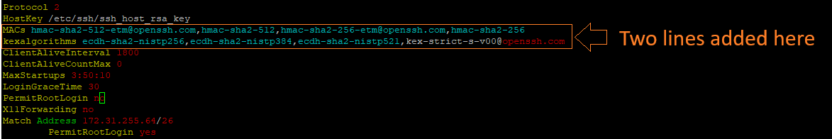 在 HostKey 条目下方添加新的 MAC 和 kexalgorithms 设置