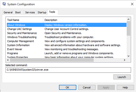Scheda Strumenti di MSCONFIG
