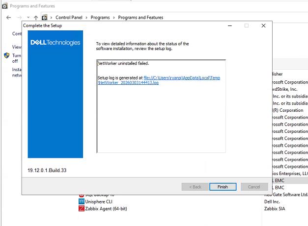 Capture d’écran du message d’erreur : Échec de la désinstallation de NetWorker