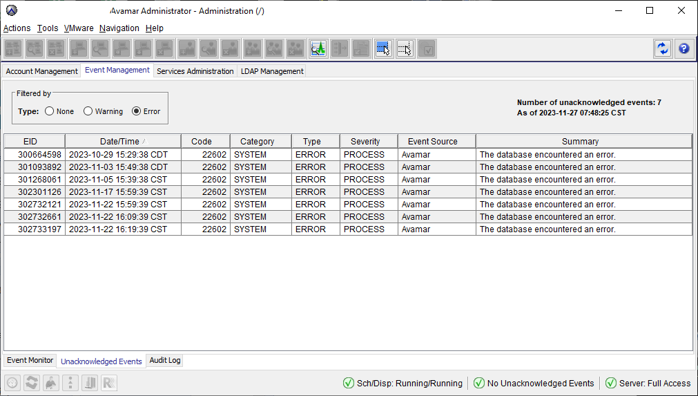 Unacknowledged Events showing the error message.
