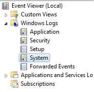 Screenshot of Windows event viewer