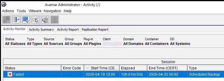 Backup failed in Activity Monitor screen