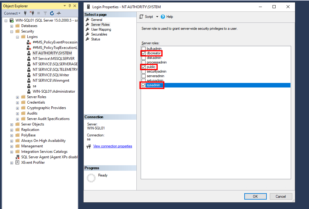 SQL server login properties for SYSTEM account