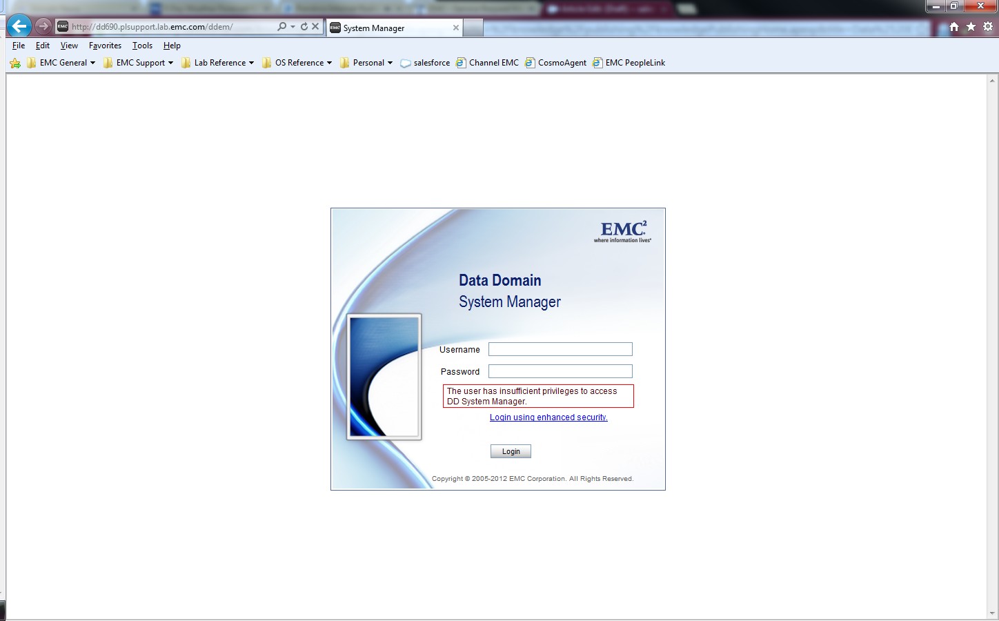 DDSM login fails with "The user has insufficient privileges to access DD System Manager"