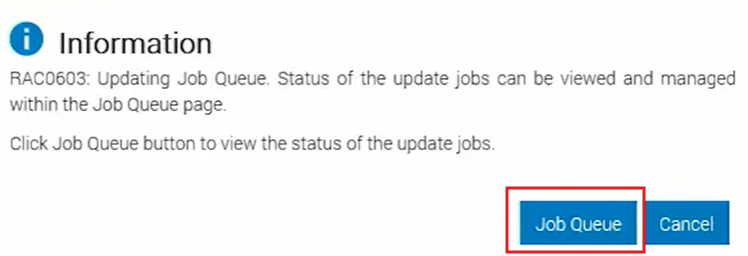 Job-Warteschlangenmeldung nach dem Klicken auf eine der Installationsschaltflächen auf der Update-Seite