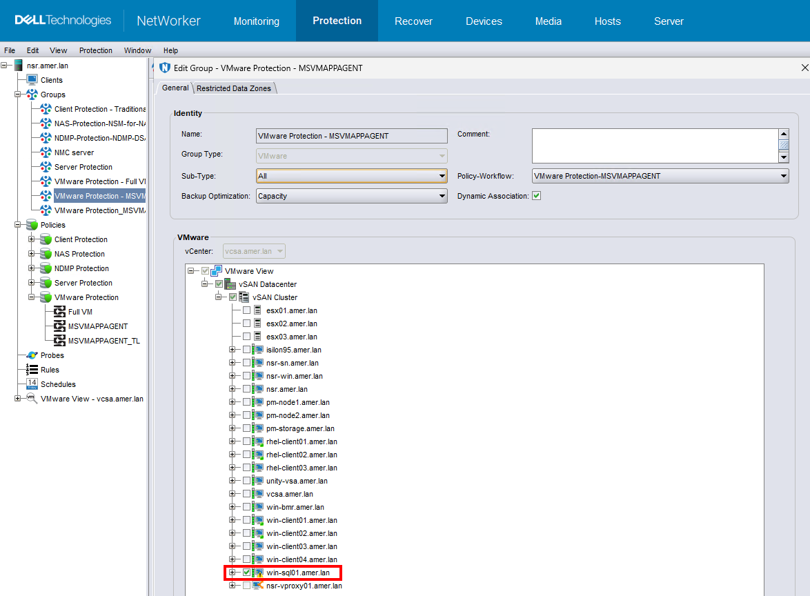 SQL VM selected in a backup group